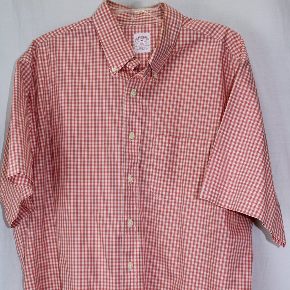 Brooks Brothers Shirt Mens XL Orange White Check 346 Short Sleeve 100% Cotton